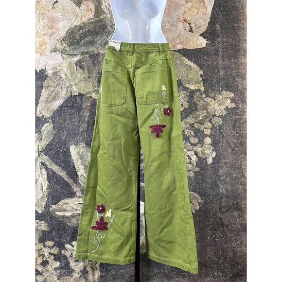 New We The Free Wide Leg Army Green Winter Bloom Embroidered Floral Jeans Sz 24 - Picture 5 of 9